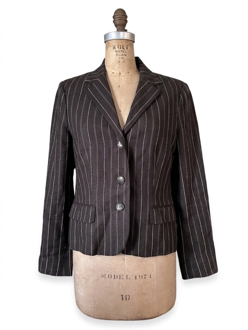 Lauren Ralph Lauren 100% Linen Blazer Jacket Cropped Brown Pinstriped Sz 8